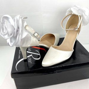Bridal Heels Wedding Pumps Shoes Lisa Rene 9.5 M White, Satin Flower Ankle Strap